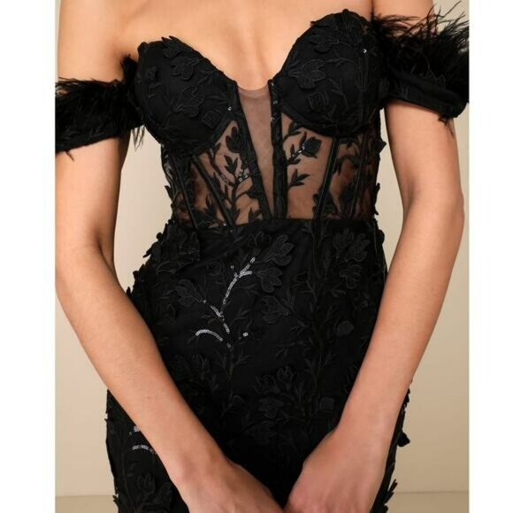 Lulus NWT Midnight Sparkle Black Embroidered Feather Bustier Maxi Dress XS - Picture 4 of 13